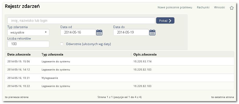 Wyświetlona lista zdarzeń bezpieczeństwa prezentuje następujące dane: Data zdarzenia - data oraz godzina zdarzenia, Typ zdarzenia - nazwa typu zdarzenia, Opis zdarzenia.