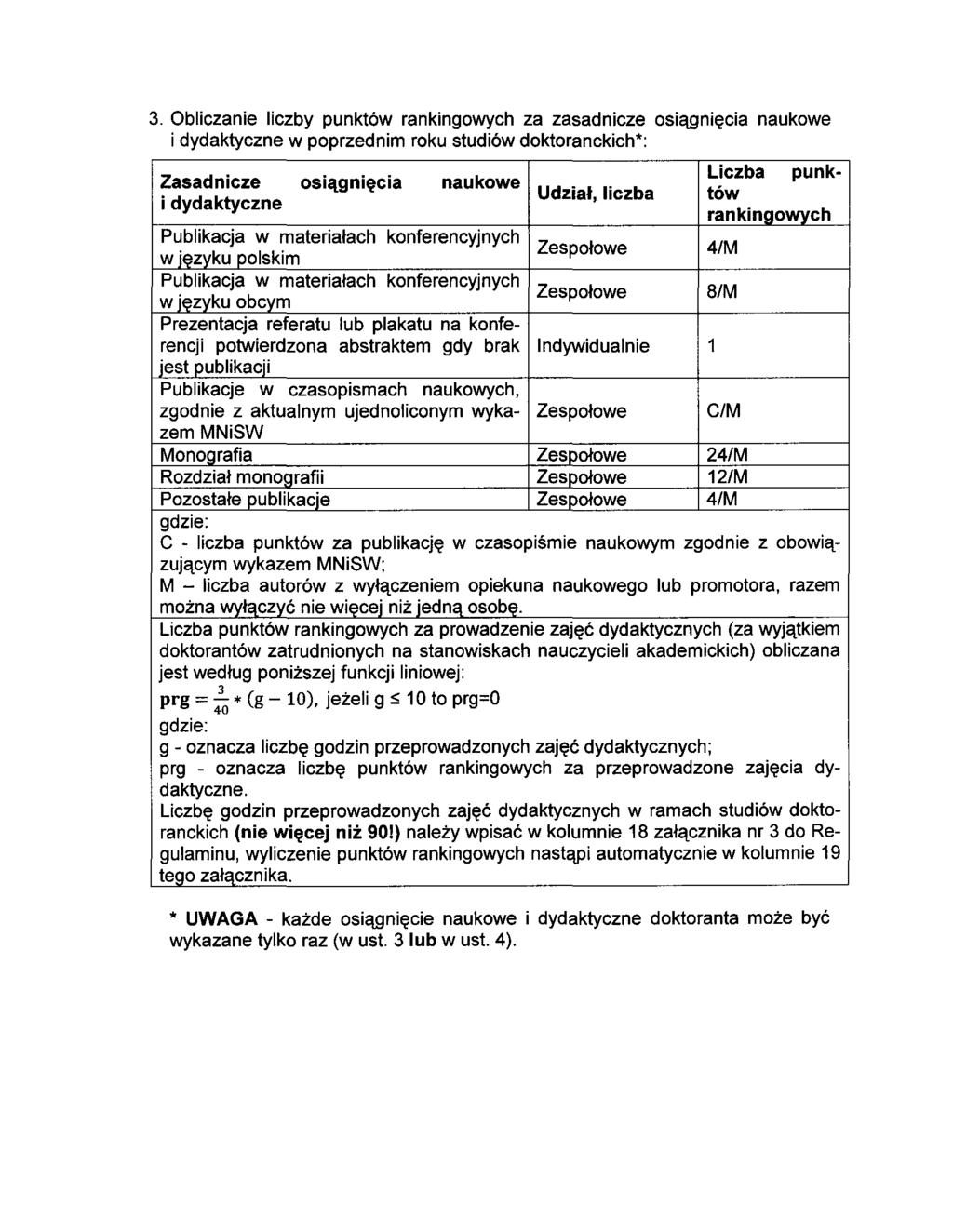 3. Obliczanie liczby punktów rankingwych za zasadnicze siągnięcia naukwe i dydaktyczne w pprzednim rku studiów dktranckich*: Zasadnicze i dydaktyczne siągnięcia naukwe Udział, liczba punk- Liczba tów