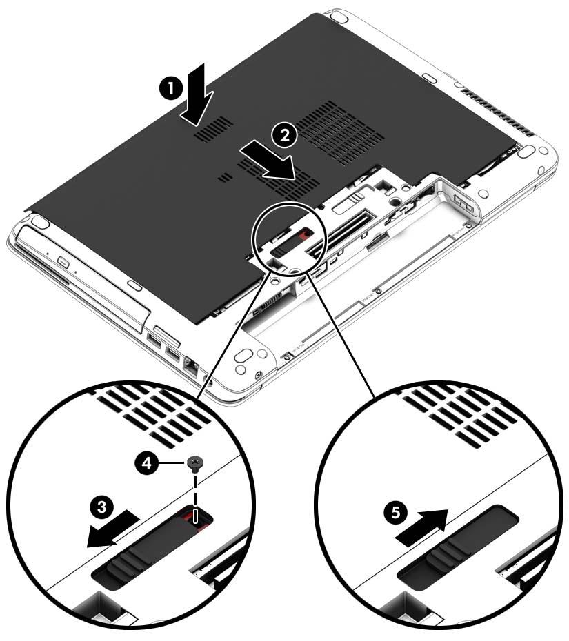 4. Gdy wnęka baterii jest skierowana do Ciebie, przesuń zatrzask zwalniający pokrywę serwisową w lewo (3), a następnie (jeśli to konieczne) włóż i wkręć śrubę opcjonalną (4), aby przymocować pokrywę