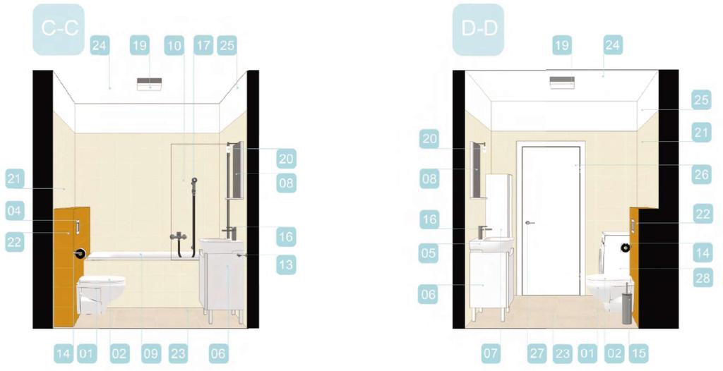 Łazienka przekroje C-C i D-D: Uwaga: Wszystkie materiały wykończeniowe i elementy wyposażenia mogą
