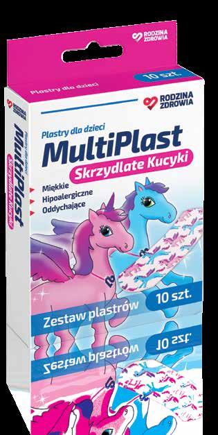 Zestaw Rodzina Zdrowia MultiPlast Skrzydlate Kucyki zawiera: 10 sztuk plastrów wymiar każdego plastra - 72 x 25 mm EAN: 5902666650061 Nr towaru: 116976 Rodzina Zdrowia MultiPlast Tygryski Rodzina