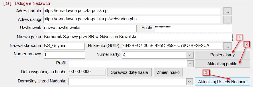 Numer umowy z systemu e-nadawca b. Nazwa pełna istnieje możliwość wprowadzenia 60 znaków c. Nazwa skrócona - istnieje możliwość wprowadzenia 10 znaków. d.