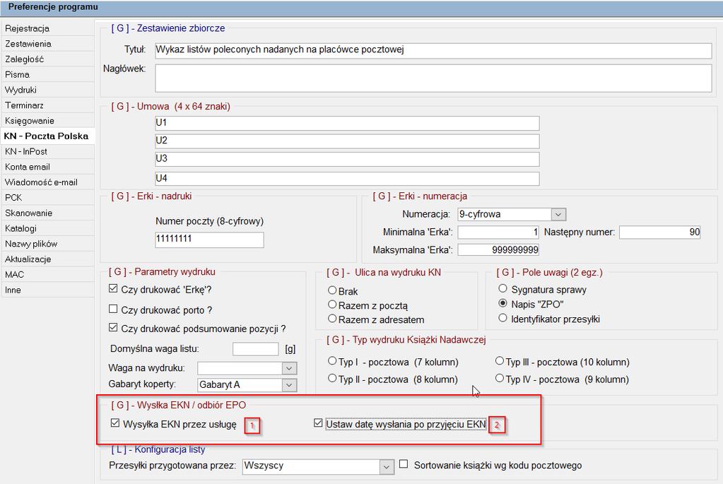 RYSUNEK 9 KONFIGURACJA KN - POCZTA POLSKA 3. Należy również skonfigurować nadawanie numeru Erki przez system.