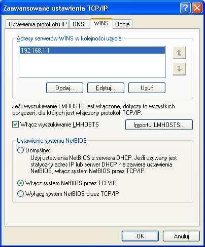 śeby włączyć uŝywanie serwera WINS: Przejdź do "Panel Sterowania" >> "Połączenia sieciowe" i wybierz "Połączenia Lokalne" a z nich "Właściwości" Teraz wybieramy "Właściwości" Protokółu internetowego