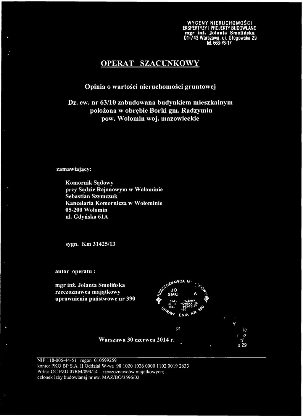 Wołomin ul. Gdyńska 61A sygn. Km 31425/13 autor operatu : mgr inż.