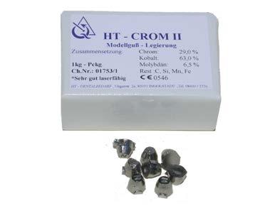 HT- CROM II 0546 Stop kobaltowo-chromowy do prac szkieletowych kobalt: 64% chrom: 30% molibden: 6% wolfram: 6% reszta: Si, Fe,Mn twardość Vickers`a: 394 HV10 moduł sprężystości: 209 Gpa przez zakres