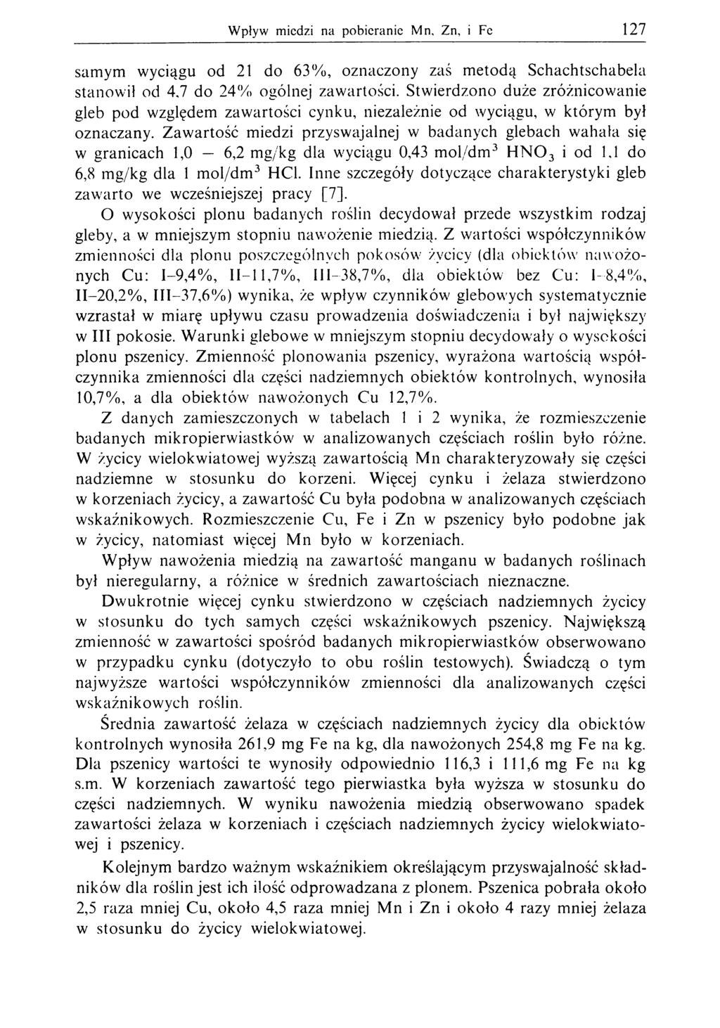 Wpływ miedzi na pobieranie M n, Zn, i Fe 127 samym wyciągu od 21 do 63%, oznaczony zaś metodą Schachtschabela stanowił od 4,7 do 24% ogólnej zawartości.