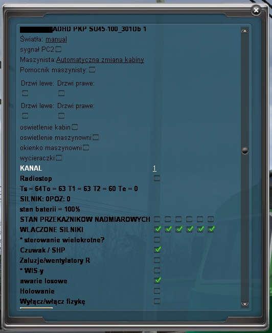 Panel w maszyniście Kanał wybór kanału radiotelefonu (możliwy także z kabiny) Radiostop odblokowanie lokomotywy po zatrzymaniu przez Radiostop Czuwak / SHP wyłącznik urządzeń CA/SHP (dostępne także z