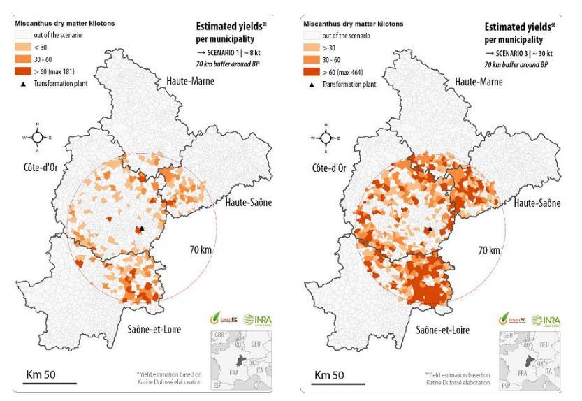 Symulacja różnych scenariuszy zapotrzebowania na surowiec Mapy planowanych pól Miskantusa z których produkcja wyniesie od 8