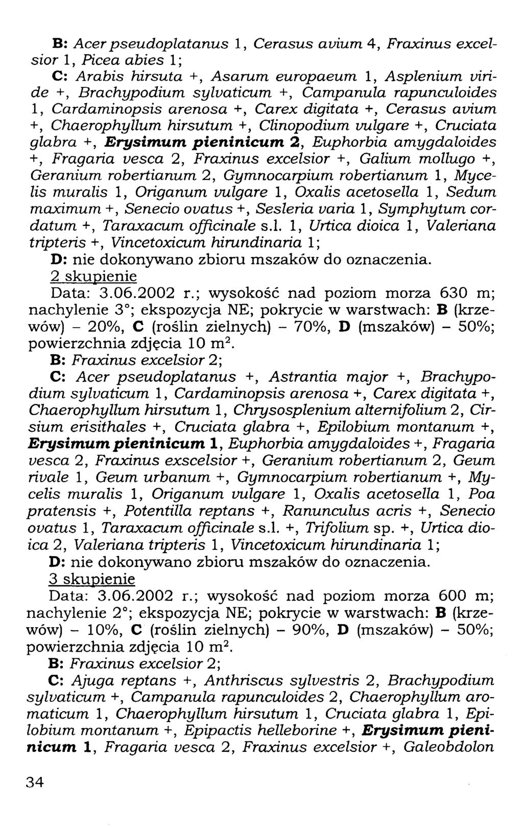 B: Acer pseudoplatanus 1, Cerasus avium 4, Fraxinus excelsior 1, Picea abies 1; C: Arabis hirsuta +, Asarum europaeum 1, Asplenium viride +, Brachypodium sylvaticum +, Campanula rapunculoides 1,