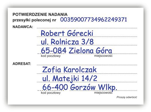 Zadanie 15. Analizując przedstawione potwierdzenie nadania można stwierdzić, że Zadanie 16. A. przesyłka zawiera korespondencję.