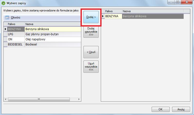 wykorzystywane są przez dany pojazd. Rysunek 3 Dodaj paliwo Zmiany zapisujemy przez wybór OK.