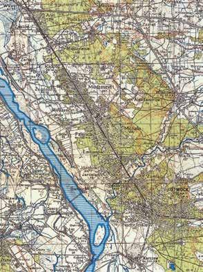 Linia otwocka 1942, obszary zalesione, komunikacja, siatka ulic.