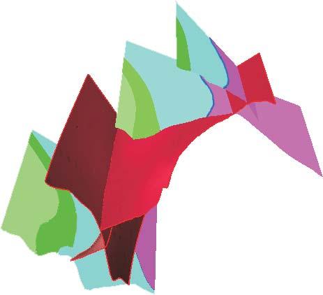 . blokdiagram (czerwone linie linie intersekcji powierzchni uskokowych); przekroje geologiczne usytuowane prostopadle do biegu warstw oraz powierzchnie uskoków (kolor czerwony) udokumentowanych w