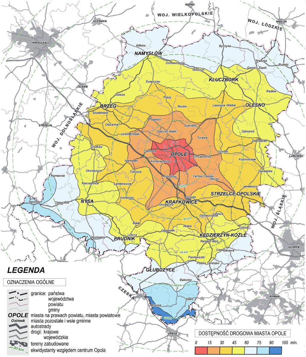 Mapa 6. Dostępność drogowa miasta Opola w 2011 r. 66 Źródło: Opracowanie własne na podstawie opracowania pn.