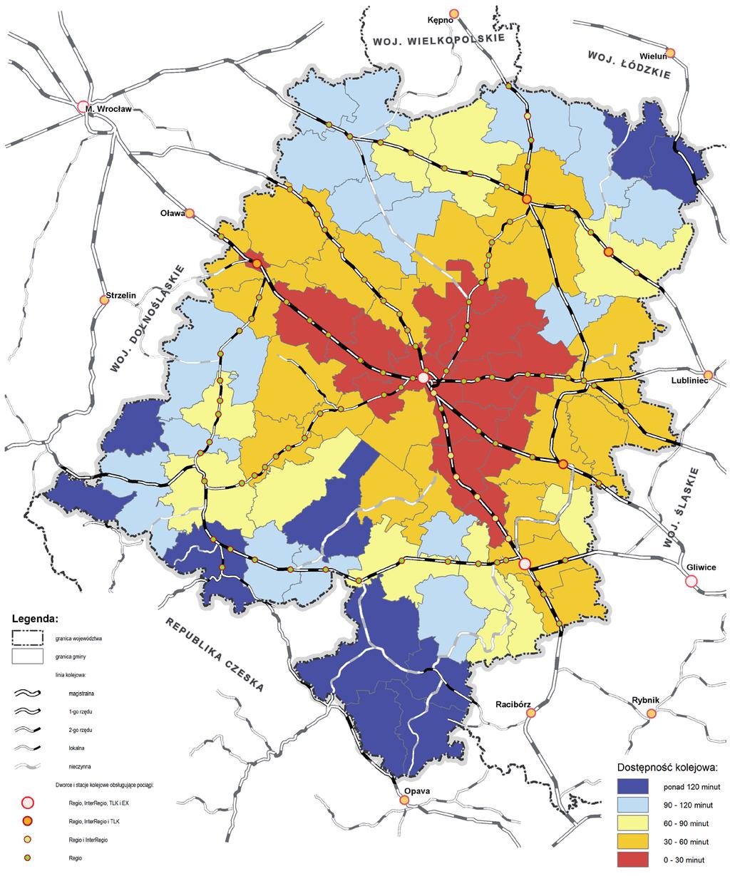 Mapa 7. Dostępność kolejowa miasta Opola w 2011 r.