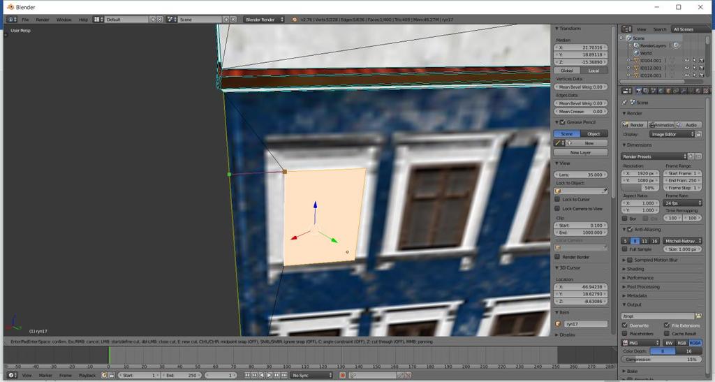 połączona z inna krawędzią a w naszym przypadku okno nie było połączone z ścianą chociaż należało do niej. Dzięki temu blender stworzy z siatki trójkąty na których będzie operował.