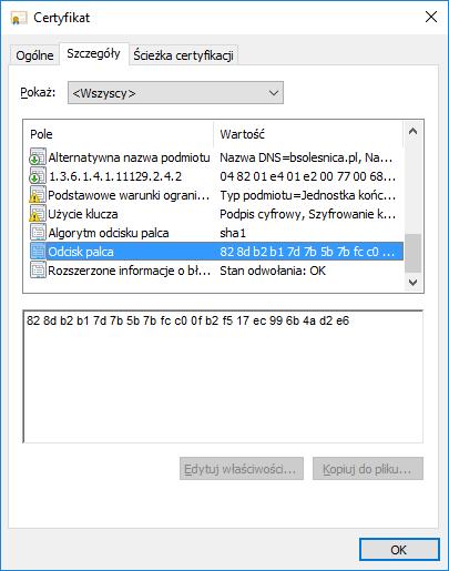 opcję Wyświetl certyfikat, zakładka