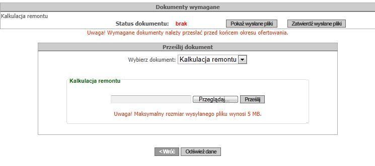 Po przesłaniu dokumentu status pliku jest brak" i za pomocą przycisku Przeglądaj można dołączać kolejne dokumenty (jeżeli są w osobnych plikach)