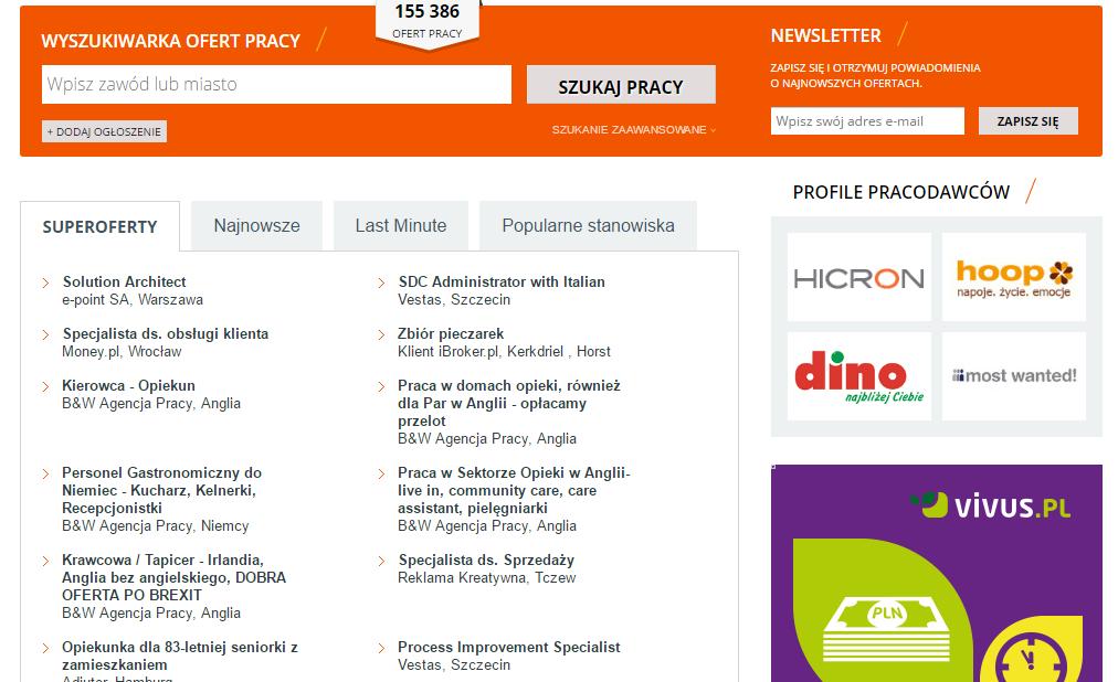 Pod zakładką PRACA możemy przejrzeć aktualne oferty pracy. Rysunek 3. Oferty pracy na wp.pl W górnej części ekranu podana jest liczba wszystkich ofert.
