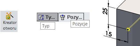 Kreator otworów Wykonaj bryłę prostopadłościanu 100x100x50: Rysunek 17.27. Polecenie Kreator otworu oraz fragment właściwości na pasku Operacje kliknij Kreator otworów (rysunek 17.27).