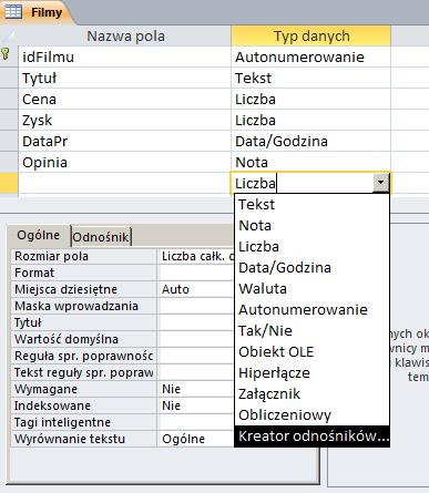 4. Ustaw kursor w polu Typ danych nowej kolumny i z listy dostępnych typów wybierz Kreator odnośników 5.