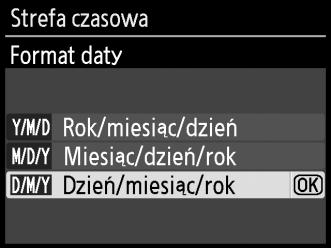 4 Wybierz format daty. Za pomocą przycisków 1 lub 3 wybierz kolejność, w jakiej mają być wyświetlane rok, miesiąc i dzień. Naciśnij przycisk J, aby przejść do następnej czynności.