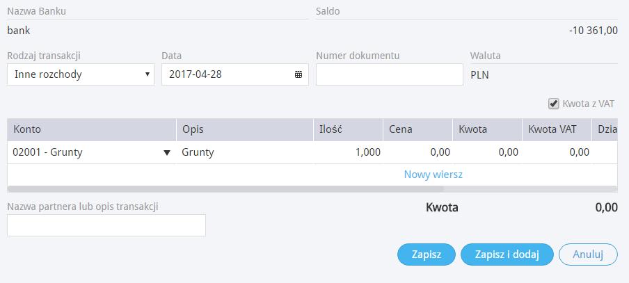 Wprowadź cenę. Zapisz. Wprowadzenie zwrotu podatku VAT. Przejdź do PŁATNOŚCI -> TRANSAKCJE i wybierz odpowiedni bank.