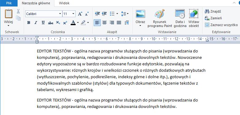 [9/] [WordPad] - Kliknij w miejscu w które ma być przeniesiony zaznaczony fragment 4 - W grupie Schowek wybierz polecenie Wklej 8 Zapisywanie dokumentu do pliku Gdy chcemy gotowy już dokument zapisać