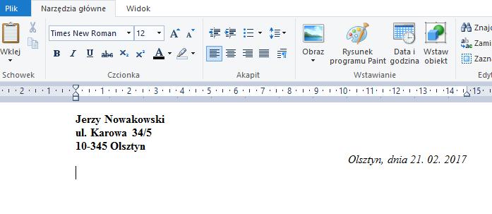 [/] [WordPad] - Kliknij lewym klawiszem myszy bezpośrednio pod wyrównanym wierszem - Wciśnij siedem razy klawisz Enter w celu zrobienia odstępów pomiędzy wcześniej zapisanym tekstem, a danymi firmy -