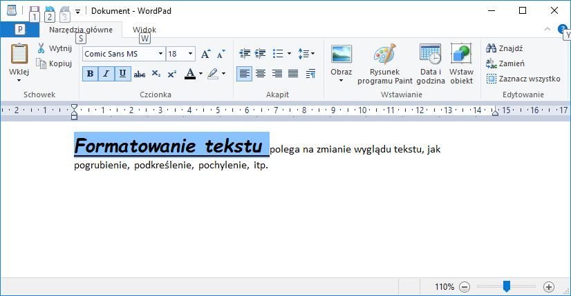 [4/] [WordPad] Na poniższym rysunku dokonano formatowania tekstu Formatowanie tekstu, zaznaczając go na początku, a następnie wybierając kolejno: B (Pogrubienie), I (Kursywa), U (Podkreslenie) oraz