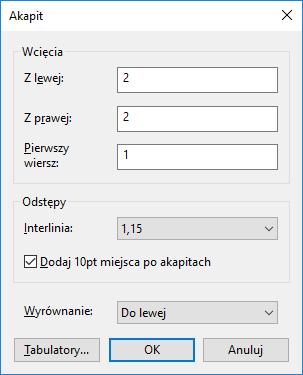 Okno programu. Wcięcia wierszy akapitu.