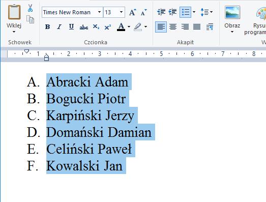6 Listy numerowane i listy wypunktowane [7/] [WordPad] Często w życiu codziennym spotykamy się z pojęciem listy, np. lista uczniów w szkole, lista uczestników jakiegoś spotkania itp.