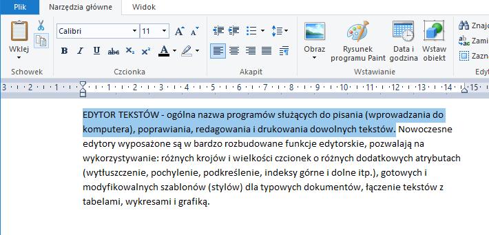 [8/] [WordPad] - Zaznaczyć ten fragment tekstu, który chcemy skopiować w nowe miejsce - W grupie Schowek karty Narzędzia główne wciskamy przycisk Kopiuj - Klikamy lewym klawiszem myszy w nowe miejsce