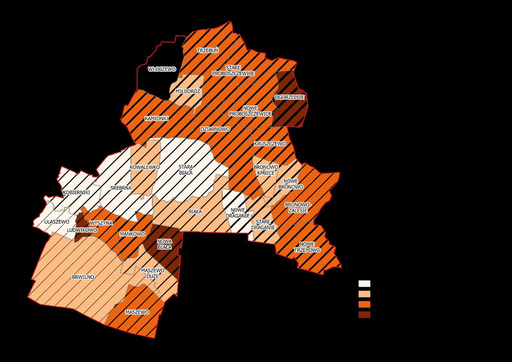Mapa 5. Pozytywnie wydane decyzje w ramach programu Rodzina 500 plus w gminie Stara Biała Opracowano na podstawie danych z Gminnego Ośrodka Pomocy Społecznej Stara Biała stan na czerwiec 2016 r.