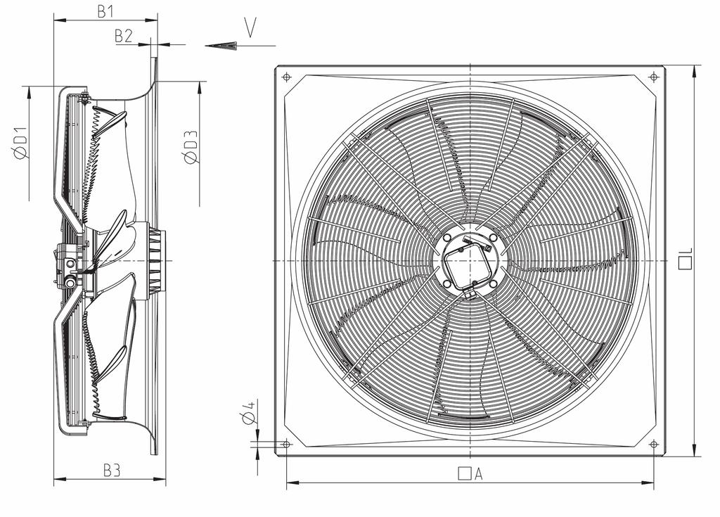 Wymiary [mm] Masa Wielkość wentylatora A B1 B2 B3 ød1 ød3 ød4 L [kg]