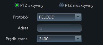 ZARZĄDZANIE URZĄDZENIAMI 3.3.4 Ustawienia PTZ W ustawieniach protokołu PTZ należy zaznaczyć, czy PTZ jest aktywny, Protokół oraz Prędkość transmisji - parametry służące do komunikacji z kamerą 3.3.4.1.