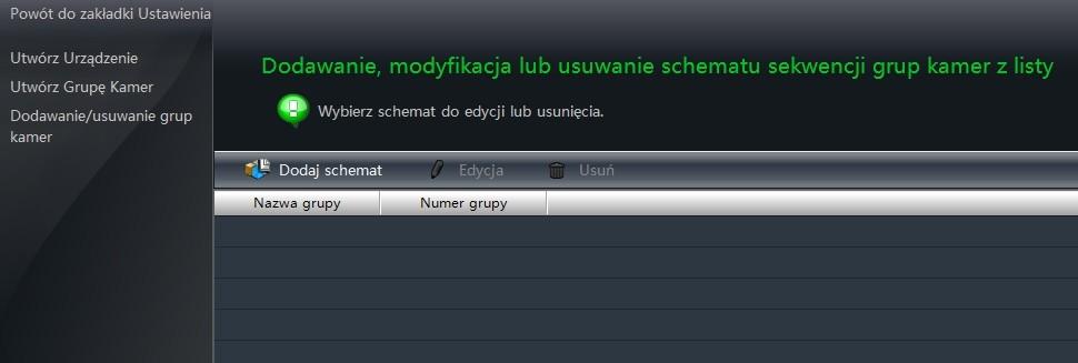 Aby dodać lub zmienić ustawienia schematów należy wybrać Zmień/usuń schemat przełączania grupy z prawej strony panelu Urządzenia