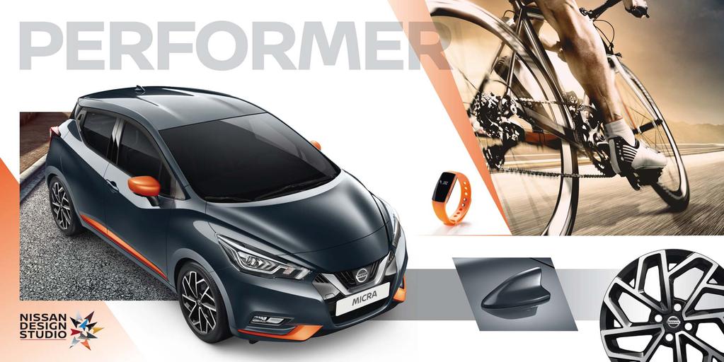 Skomponuj nadwozie MICRY Gen5 w szarym kolorze (Gunmetal Grey) z pakietem stylizacyjnym nadwozia Energy Orange, dopasowanym do smartbanda Nissan.