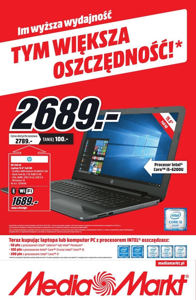 Pierwsza gazetka Media Markt Laptop HP 250 G5 Ekran 15,6 cala AMD Radeon R5 Intel i5-6200u RAM 12 GB