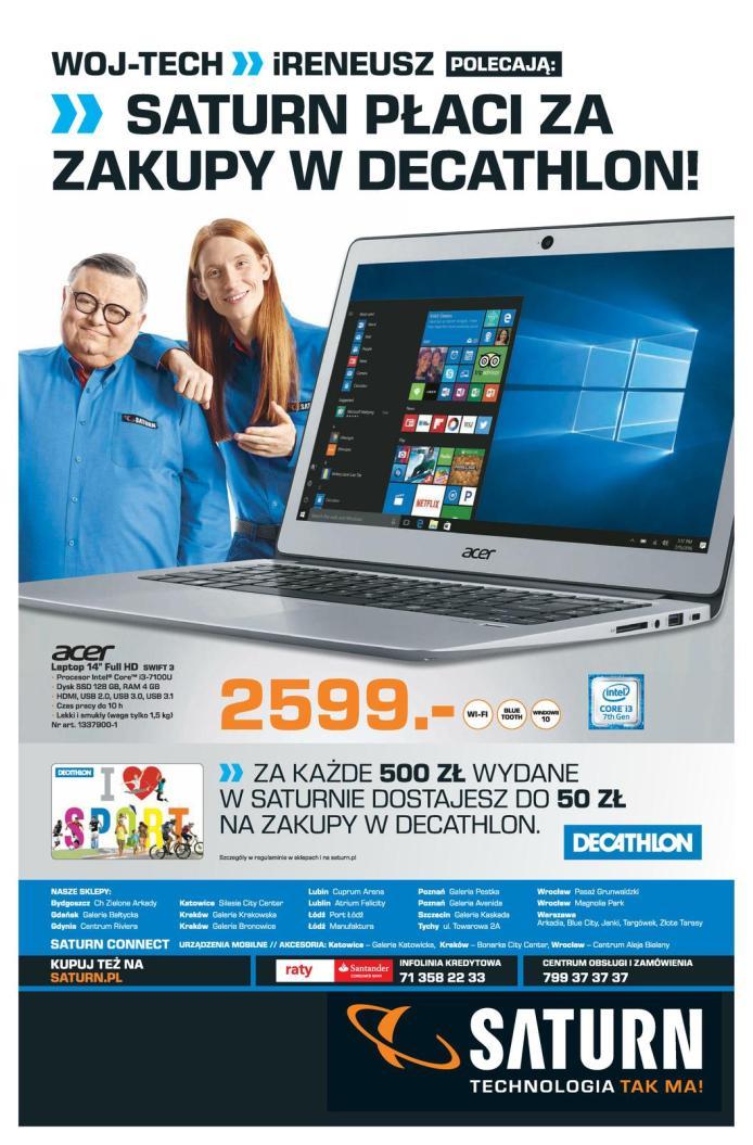 Pierwsza gazetka Saturn Laptop Acer Swift 3 Ekran 14 cala Intel HD Intel i3-7100u RAM 4GB