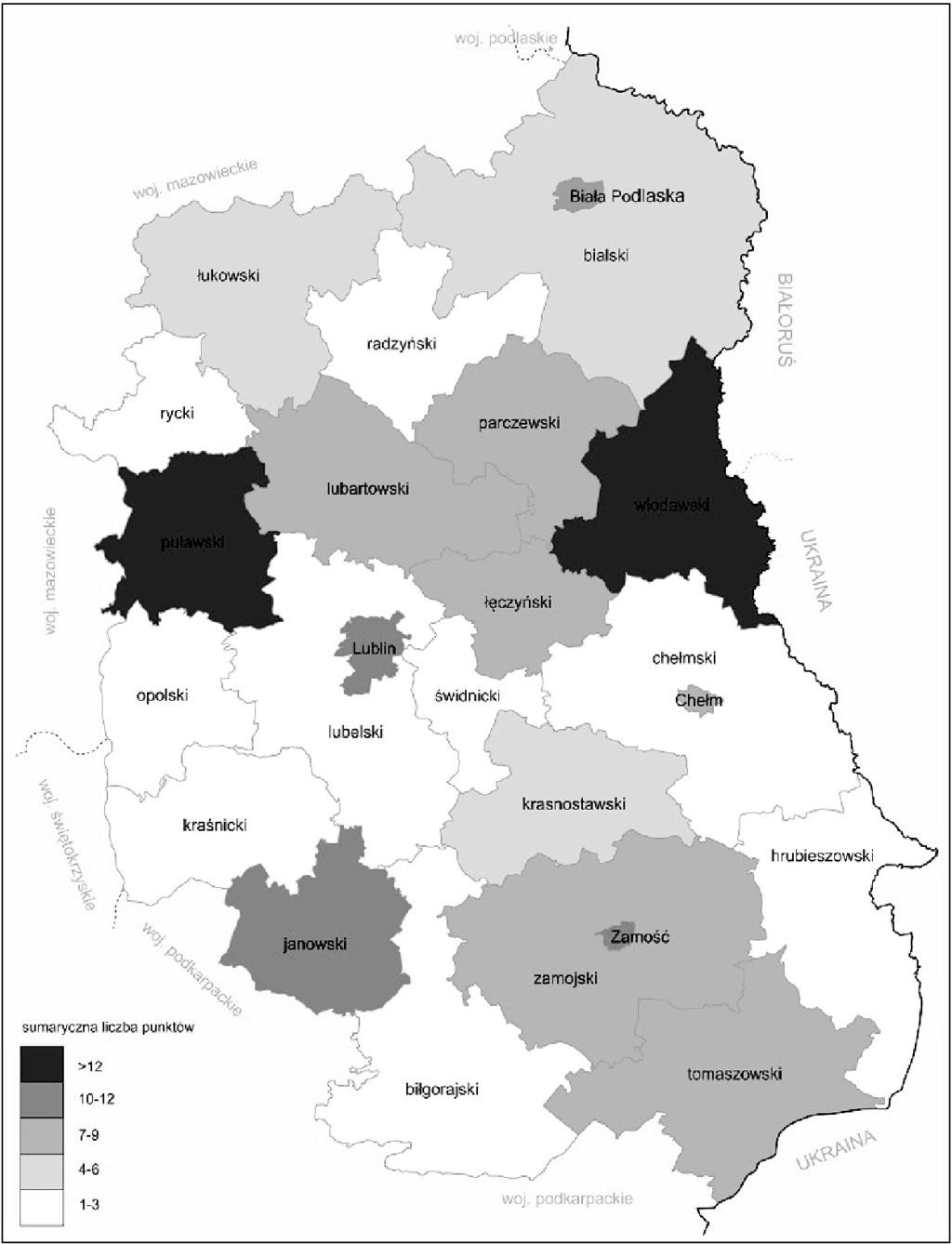 Zagospodarowanie turystyczne... Ryc. 1. Aktywność turystyczna i korzyści z turystyki w poszczególnych powiatach woj. lubelskiego w 2010 r. Fig. 1. Tourist activity and benefits of tourism in Lubelskie Voivodeship districts in 2010 Źródło: opracowanie własne na podstawie danych z tab.