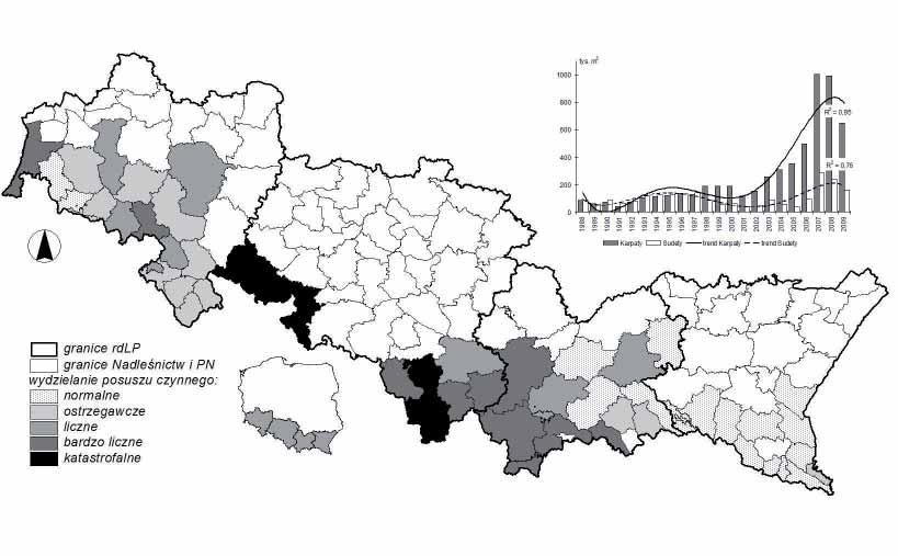 Występowanie owadów kambiofagicznych w parkach narodowych było zbliżone jak w sąsiadujących lasach gospodarczych (ryc.