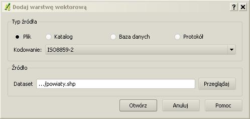 Metodyka wykonania kartogramu z podziałem na klasy wg punktów charakterystycznych wraz z opracowaniem kartogramicznej legendy. 1. Otwieramy warstwę powiaty.shp w programie Quantum GIS.