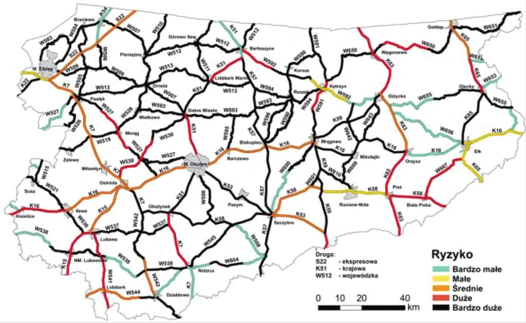 Rys. 7. Mapa ryzyka indywidualnego na drogach krajowych i wojewódzkich wypadnięcia z jezdni, w województwie warmińsko-mazurskim w latach 2007 2009 Źródło: eurorap.