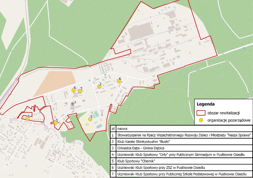 Mapa 3 Lokalizacja organizacji społecznych i stowarzyszeń na obszarze rewitalizacji. Źródło: opracowanie własne na podstawie bazyngo.pl i googlesteet.