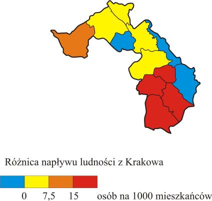 - Zróżnicowanie migracji ludności w Gminie Wielka Wieś - Ryc. 6. Różnica napływu ludności z Krakowa do gminy Wielka Wieś (2010/11 r. w porównaniu do 2005/06 r.