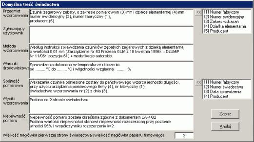 2.1.3.3. Wymagania dla czujników. Opcja pozwala zdefiniować standardowe (używane w większości przypadków) wymagania dla nowowprowadzanych do programu czujników zegarowych.