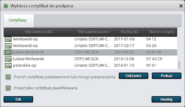 S t r o n a 7 Należy wskazać certyfikat dla wykonania operacji podpisu i nacisnąć przycisk OK.