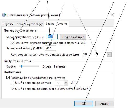 [13] serwer wychodzący (SMTP): 465 [14] wybierz SSL/TLS w Użyj połączenia szyfrowanego